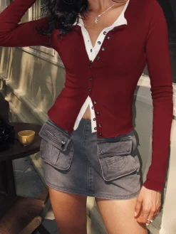 Outlet 2 in 1 Button Jersey Blouse Blouses & Shirts|Tops