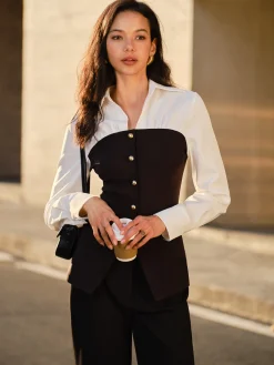Clearance 2 in 1 Button Slit Slim Polo Shirt Blouses & Shirts|Tops