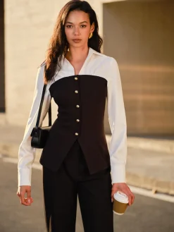 Clearance 2 in 1 Button Slit Slim Polo Shirt Blouses & Shirts|Tops