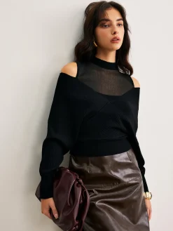Online 2 in 1 Cold-Shoulder Knit Top Sweater Tops|Sweaters & Cardigans