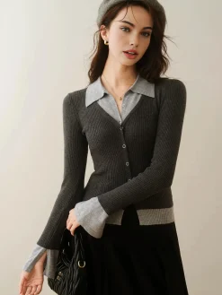Sale 2 in 1 Color Block Knit Top Sweater Tops|Sweaters & Cardigans