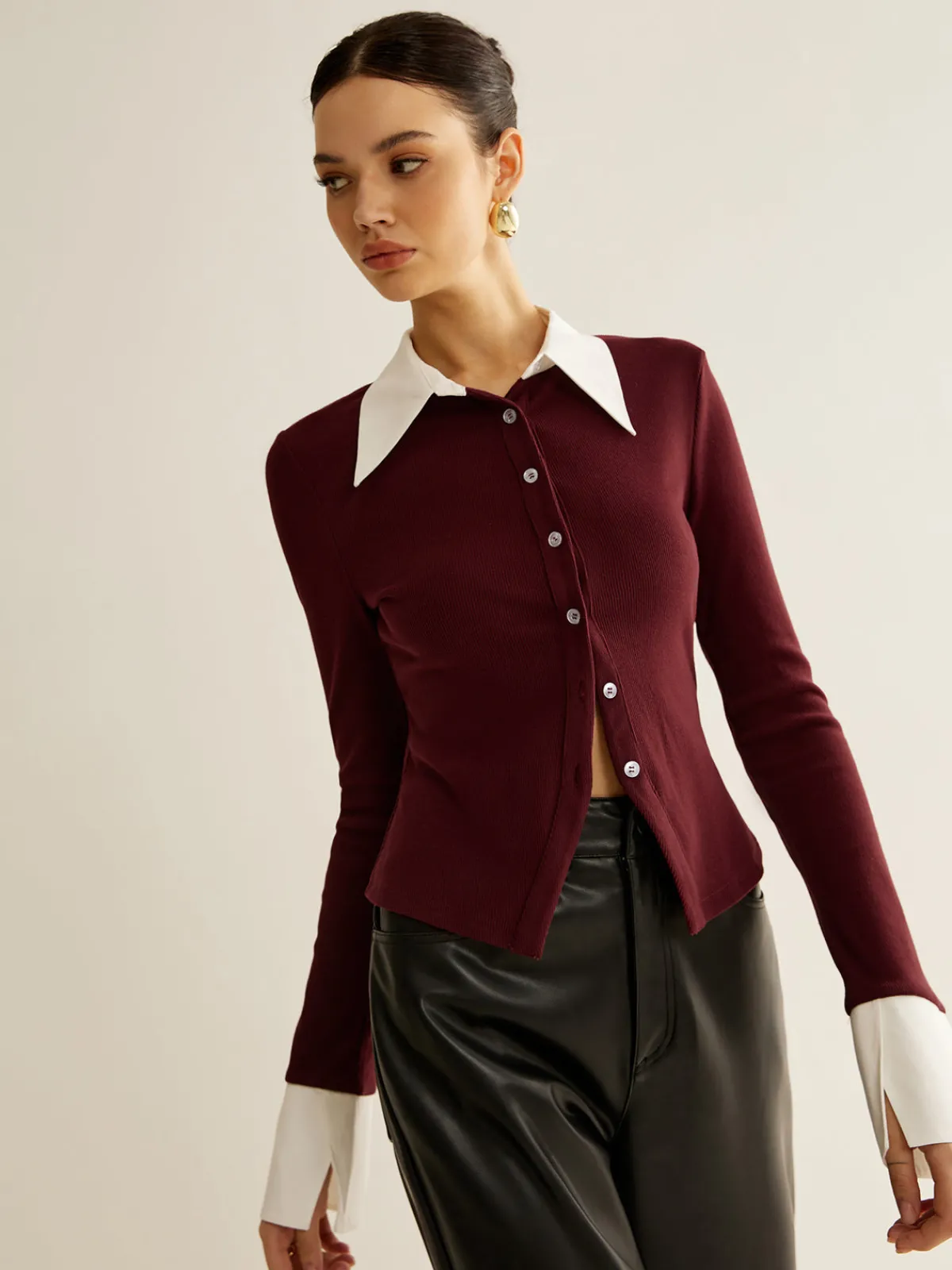 Discount 2 in 1 Contrast Binding Button Shirt Blouses & Shirts|Tops