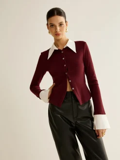 Discount 2 in 1 Contrast Binding Button Shirt Blouses & Shirts|Tops
