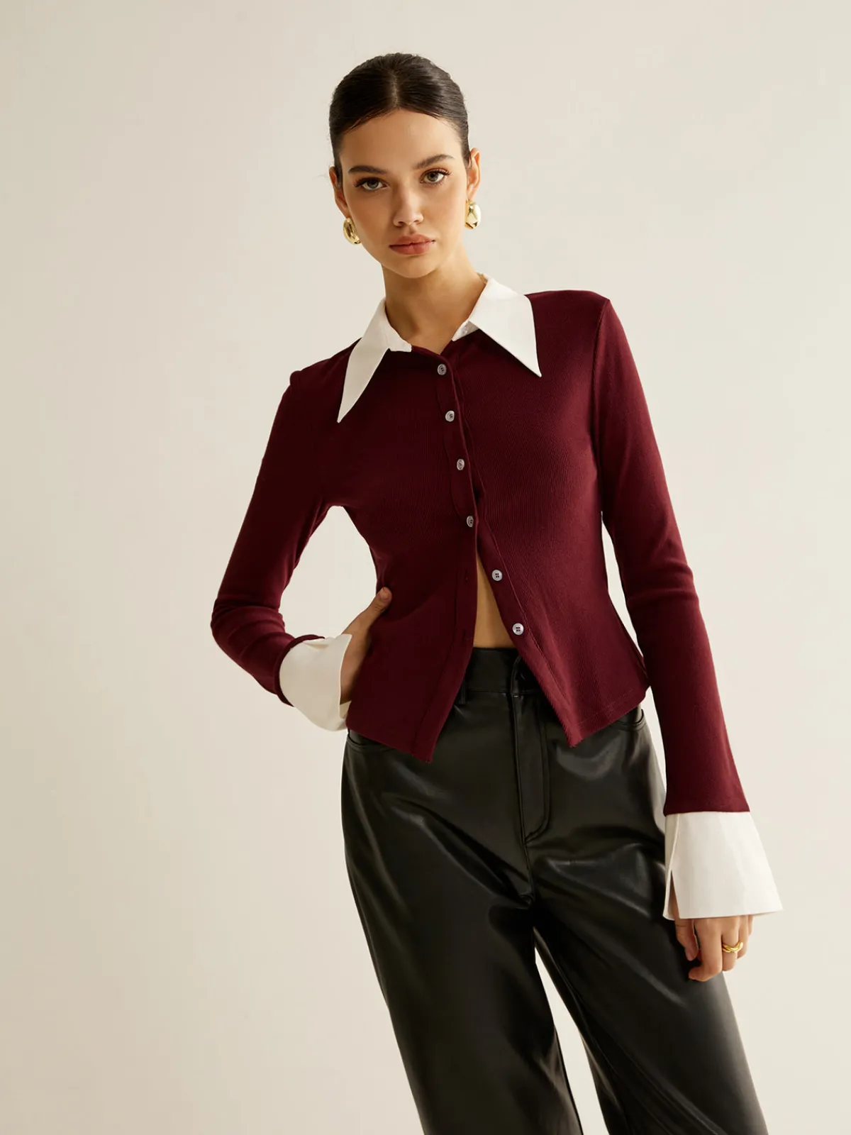 Discount 2 in 1 Contrast Binding Button Shirt Blouses & Shirts|Tops