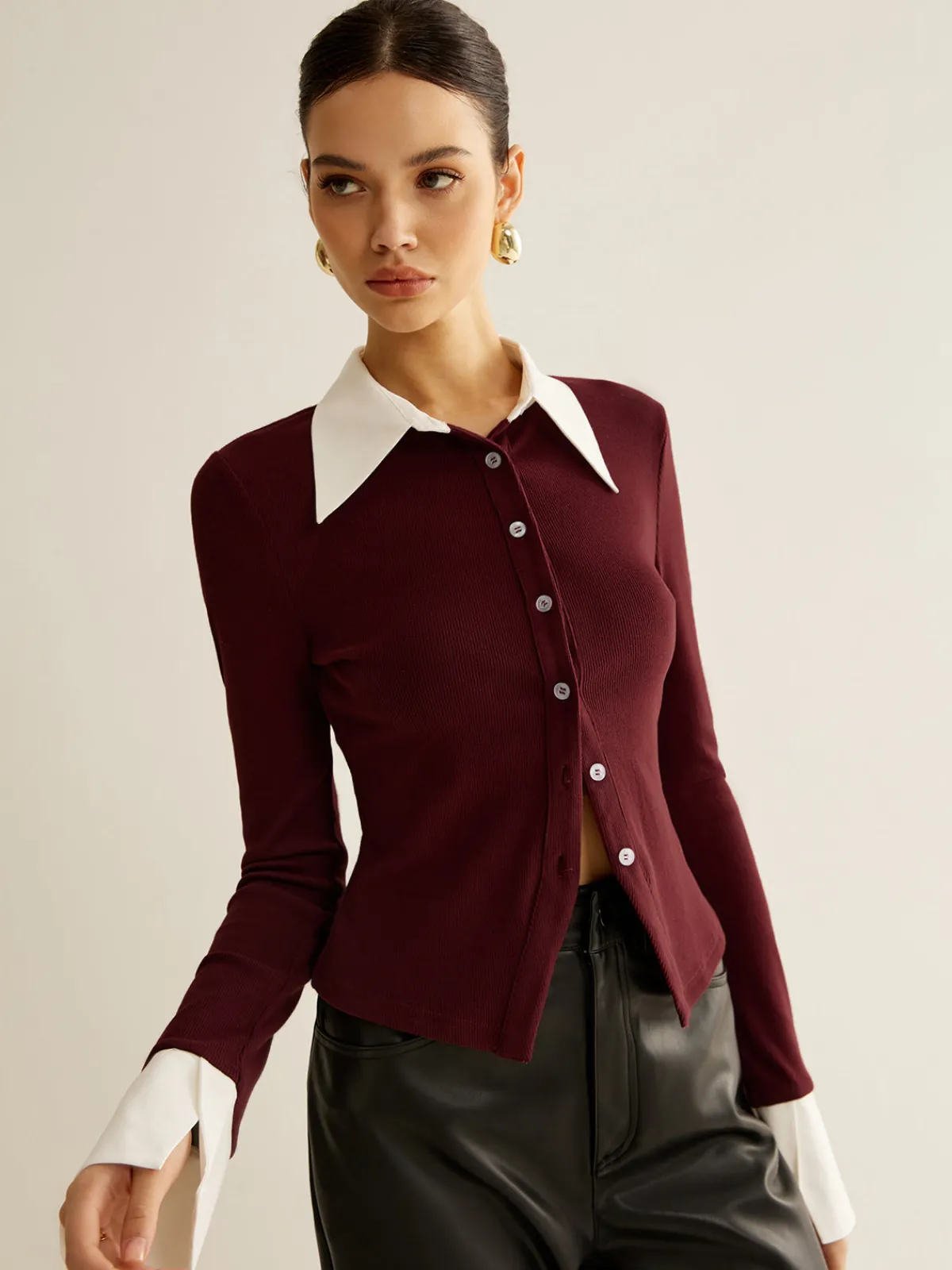 Discount 2 in 1 Contrast Binding Button Shirt Blouses & Shirts|Tops