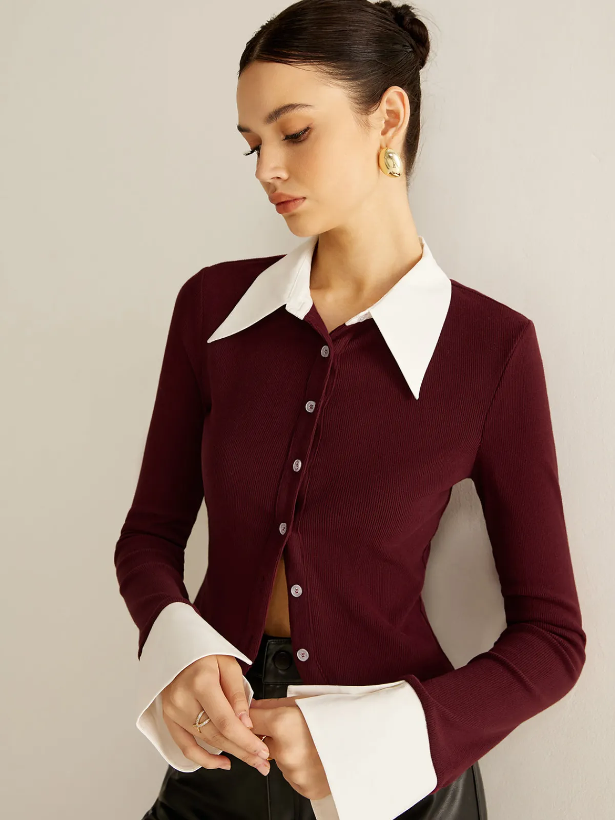 Discount 2 in 1 Contrast Binding Button Shirt Blouses & Shirts|Tops