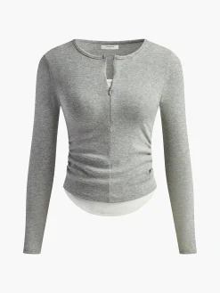 Clearance 2 in 1 Cotton Pleated Zipper Top T-shirts|Tops