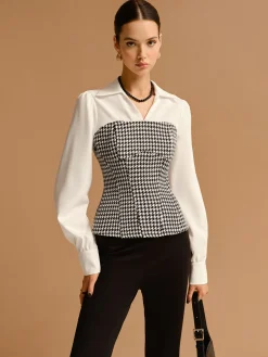 New 2 in 1 Houndtooth Polo Shirt Blouses & Shirts|Tops