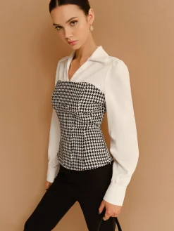 New 2 in 1 Houndtooth Polo Shirt Blouses & Shirts|Tops