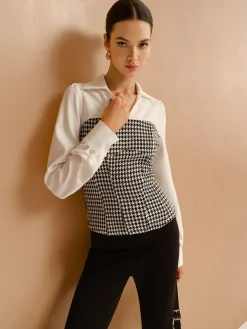 New 2 in 1 Houndtooth Polo Shirt Blouses & Shirts|Tops