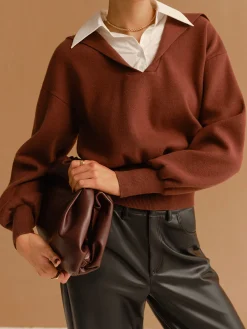 Best 2 in 1 Lapel Cinched Sweater Knitwear|Tops