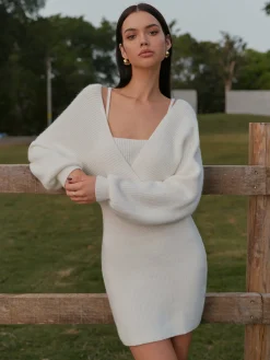 Discount 2 in 1 Leg-Of-Mutton Sleeve Sweater Short Dress Knitwear|Dresses