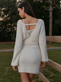 Discount 2 in 1 Leg-Of-Mutton Sleeve Sweater Short Dress Knitwear|Dresses