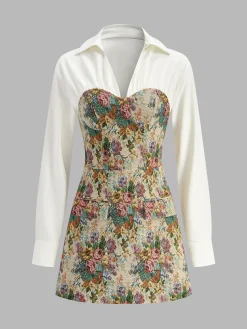 Online 2 in 1 Tweed Floral Zipper Polo Dress Dresses