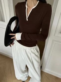 New 2 in 1  V-Neck Contrast Trim Jersey Top T-shirts|Tops