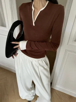 Online 2 in 1  V-Neck Contrast Trim Jersey Top T-shirts|Tops