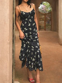 New A Line Floral Dress Black Dresses|Casual Dresses