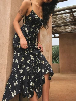 New A Line Floral Dress Black Dresses|Casual Dresses