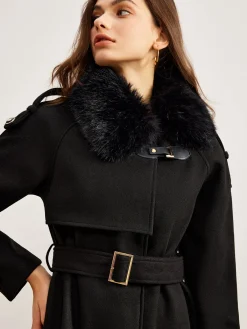 Adjustable Fur-Collar Belted Trench Coat Outerwear|Coats