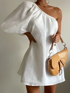Best Aegean Cotton Linen One Sleeve Short Dress White Dresses|Casual Dresses