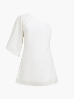 Best Aegean Cotton Linen One Sleeve Short Dress White Dresses|Casual Dresses