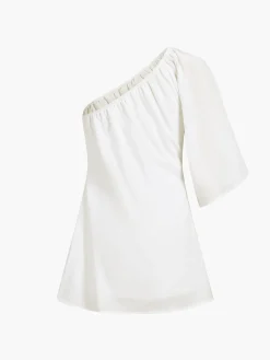 Best Aegean Cotton Linen One Sleeve Short Dress White Dresses|Casual Dresses