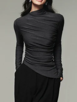 Asymmetric Collar Draped Long Sleeve Shirt T-shirts|Tops