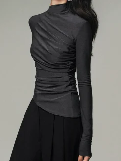 Asymmetric Collar Draped Long Sleeve Shirt T-shirts|Tops