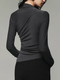 Asymmetric Collar Draped Long Sleeve Shirt T-shirts|Tops