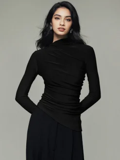 Asymmetric Collar Draped Long Sleeve Shirt T-shirts|Tops