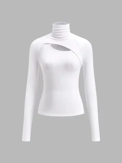 Asymmetric Cut Out Turtleneck Long Sleeve Slinky Top T-shirts|Tops