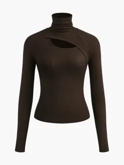 Asymmetric Cut Out Turtleneck Long Sleeve Slinky Top T-shirts|Tops