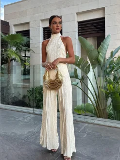 New Asymmetric Halter Crop Top With Wide Leg Pants Set Pants Sets|Wide Leg