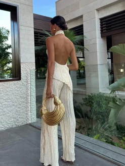 New Asymmetric Halter Crop Top With Wide Leg Pants Set Pants Sets|Wide Leg