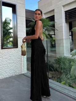 New Asymmetric Halter Crop Top With Wide Leg Pants Set Pants Sets|Wide Leg