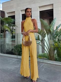 New Asymmetric Halter Crop Top With Wide Leg Pants Set Pants Sets|Wide Leg