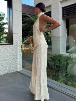 New Asymmetric Halter Crop Top With Wide Leg Pants Set Pants Sets|Wide Leg
