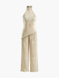 New Asymmetric Halter Crop Top With Wide Leg Pants Set Pants Sets|Wide Leg