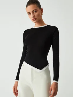 Online Asymmetric Hem Contrast Trim Long Sleeve Shirt Sweater Tops|T-shirts