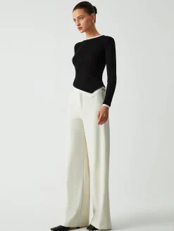 Online Asymmetric Hem Contrast Trim Long Sleeve Shirt Sweater Tops|T-shirts