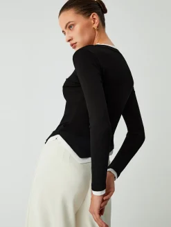 Online Asymmetric Hem Contrast Trim Long Sleeve Shirt Sweater Tops|T-shirts
