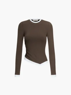 Online Asymmetric Hem Contrast Trim Long Sleeve Shirt Sweater Tops|T-shirts