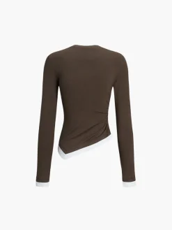 Online Asymmetric Hem Contrast Trim Long Sleeve Shirt Sweater Tops|T-shirts