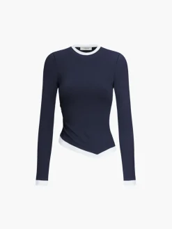 Online Asymmetric Hem Contrast Trim Long Sleeve Shirt Sweater Tops|T-shirts