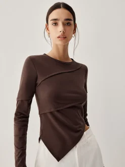 Hot Asymmetric Hem Piping Long Sleeve Top T-shirts|Tops