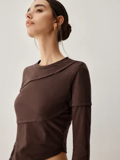 Hot Asymmetric Hem Piping Long Sleeve Top T-shirts|Tops