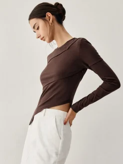 Hot Asymmetric Hem Piping Long Sleeve Top T-shirts|Tops