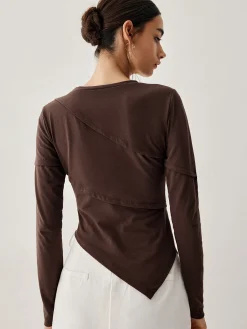 Hot Asymmetric Hem Piping Long Sleeve Top T-shirts|Tops