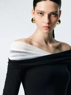 Asymmetric Off Shoulder Long Sleeve Mesh Top T-shirts|Tops