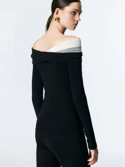 Asymmetric Off Shoulder Long Sleeve Mesh Top T-shirts|Tops
